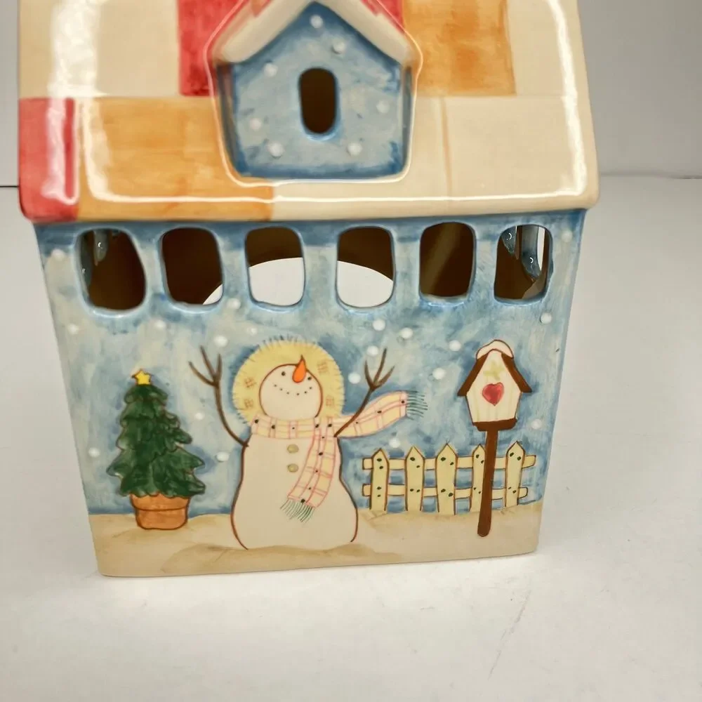 Snowman Tea Light Votive Ceramic House Holiday Decor Christmas